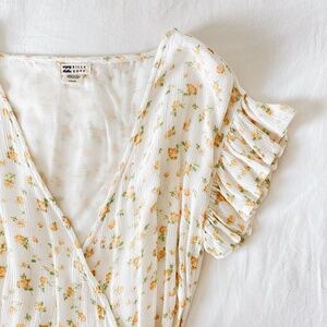 Billabong Wrap and Roll White Floral V-Neck Ruffle Sleeve Mini Wrap Dress